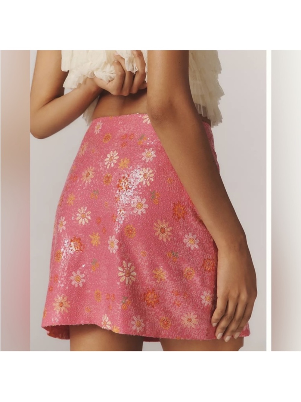 NWT FARM RIO x Anthropologie Sequin Floral Pink Skirt - S - Picture 2 of 6